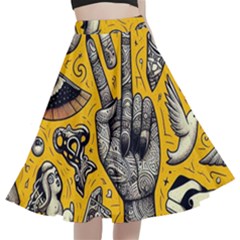 Yellow Template Design A-line Full Circle Midi Skirt With Pocket