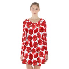 Flower Poppies Plant Petal Long Sleeve Velvet V-neck Dress