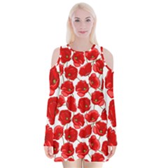 Flower Poppies Plant Petal Velvet Long Sleeve Shoulder Cutout Dress