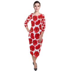 Flower Poppies Plant Petal Quarter Sleeve Midi Velour Bodycon Dress by Perong