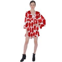 Flower Poppies Plant Petal V-neck Flare Sleeve Mini Dress by Perong