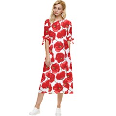 Flower Poppies Plant Petal Bow Sleeve Chiffon Midi Dress by Perong