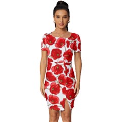 Flower Poppies Plant Petal Fitted Knot Split End Bodycon Dress by Perong