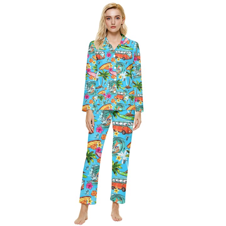 Summer Pattern Seamless Womens  Long Sleeve Velvet Pocket Pajamas Set