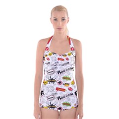 Pattern Seamless Texture Cartoon Boyleg Halter Swimsuit  by Perong