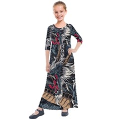 Dragon Snake Legend Japanese Mythology Kids  Quarter Sleeve Maxi Dress by Perong