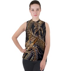 Japanese Dragon Pentagram Mock Neck Chiffon Sleeveless Top by Perong