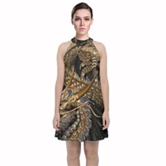 Japanese Dragon Pentagram Velvet Halter Neckline Dress 