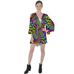 3d Grateful Dead 90 s Neon Dancing Bears V-neck Flare Sleeve Mini Dress by Perong