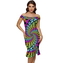 3d Grateful Dead 90 s Neon Dancing Bears Off Shoulder Ruffle Split Hem Bodycon Dress by Perong