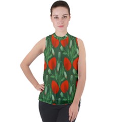 Poppy Fierce Wolf Poppies Bud Mock Neck Chiffon Sleeveless Top by Perong