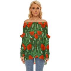 Poppy Fierce Wolf Poppies Bud Off Shoulder Chiffon Pocket Shirt by Perong