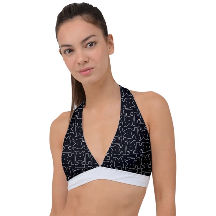 Enigmatic Demon Black and White Pattern Halter Plunge Bikini Top