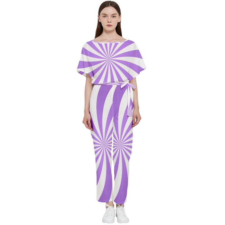 Spiral Vortex Rays Lavender Swirl Purple Batwing Lightweight Chiffon Jumpsuit