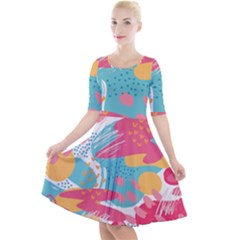 Background Abstract Quarter Sleeve A-line Dress With Pockets