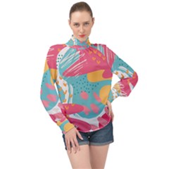 Background Abstract High Neck Long Sleeve Chiffon Top by Salmanaz77