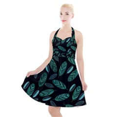 Leaves Pattern Abstract Blade Halter Party Swing Dress 