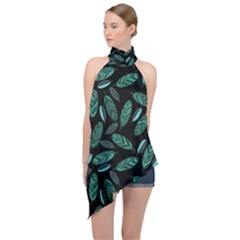 Leaves Pattern Abstract Blade Halter Asymmetric Satin Top by Salmanaz77