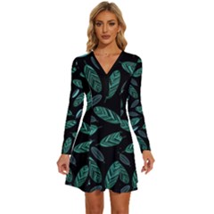 Leaves Pattern Abstract Blade Long Sleeve Deep V Mini Dress  by Salmanaz77