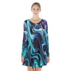 Nature Water Wave Architecture Long Sleeve Velvet V-neck Dress