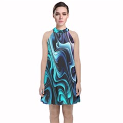 Nature Water Wave Architecture Velvet Halter Neckline Dress 