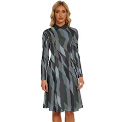 Intricate Camo Print Design Bk Long Sleeve Shirt Collar A-line Dress