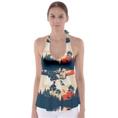 Summer Lake Forest Sunset Deer Water Tie Back Tankini Top by Grandong