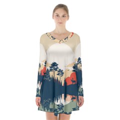 Summer Lake Forest Sunset Deer Water Long Sleeve Velvet V-neck Dress