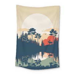 Summer Lake Forest Sunset Deer Water Small Tapestry by Grandong