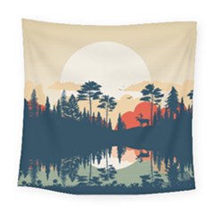 Summer Lake Forest Sunset Deer Water Square Tapestry (large)