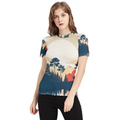 Summer Lake Forest Sunset Deer Water Women s Short Sleeve Rash Guard by Grandong