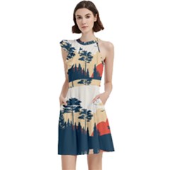 Summer Lake Forest Sunset Deer Water Cocktail Party Halter Sleeveless Dress With Pockets by Grandong