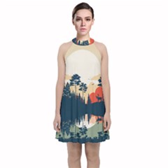 Summer Lake Forest Sunset Deer Water Velvet Halter Neckline Dress 