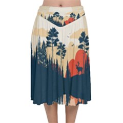 Summer Lake Forest Sunset Deer Water Velvet Flared Midi Skirt