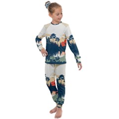 Summer Lake Forest Sunset Deer Water Kids  Long Sleeve Set 