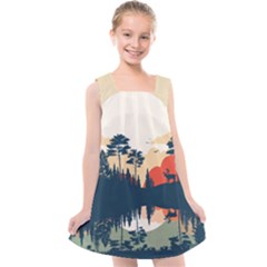 Summer Lake Forest Sunset Deer Water Kids  Cross Back Dress by Grandong