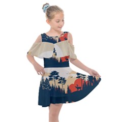 Summer Lake Forest Sunset Deer Water Kids  Shoulder Cutout Chiffon Dress by Grandong