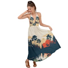 Summer Lake Forest Sunset Deer Water Backless Maxi Beach Dress by Grandong