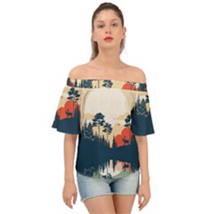 Summer Lake Forest Sunset Deer Water Off Shoulder Short Sleeve Top by Grandong