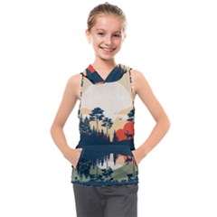 Summer Lake Forest Sunset Deer Water Kids  Sleeveless Hoodie