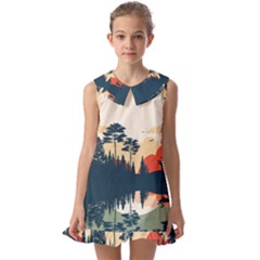 Summer Lake Forest Sunset Deer Water Kids  Pilgrim Collar Ruffle Hem Dress by Grandong