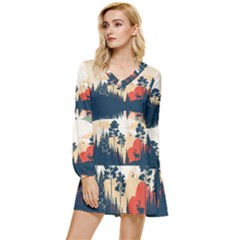 Summer Lake Forest Sunset Deer Water Tiered Long Sleeve Mini Dress by Grandong