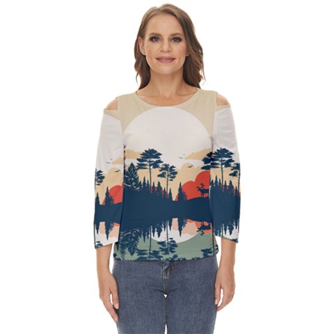 Summer Lake Forest Sunset Deer Water Cut Out Wide Sleeve Top by Grandong