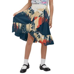 Summer Lake Forest Sunset Deer Water Kids  Ruffle Flared Wrap Midi Skirt by Grandong