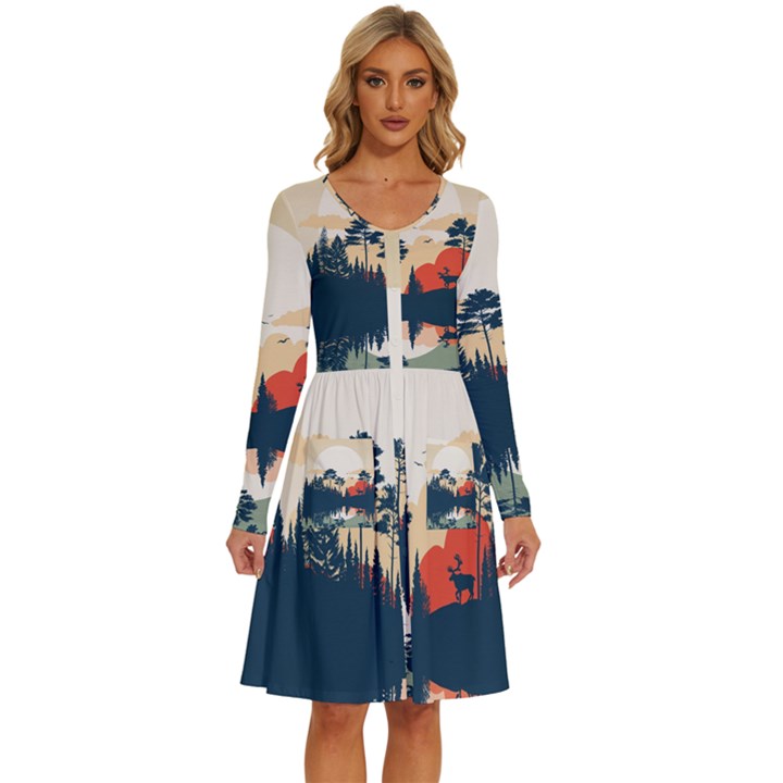 Summer Lake Forest Sunset Deer Water Long Sleeve Dress With Pocket