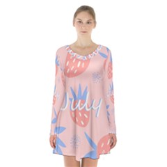 July Summer Strawberry Pink Berry Long Sleeve Velvet V-neck Dress