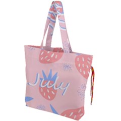 July Summer Strawberry Pink Berry Drawstring Tote Bag by Grandong