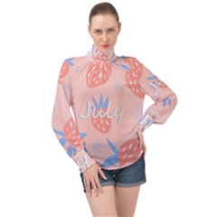 July Summer Strawberry Pink Berry High Neck Long Sleeve Chiffon Top by Grandong