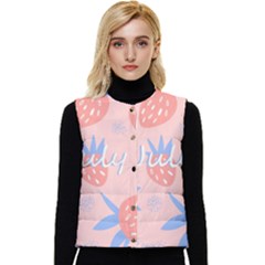 July Summer Strawberry Pink Berry Women s Button Up Puffer Vest by Grandong