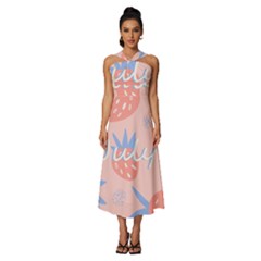 July Summer Strawberry Pink Berry Sleeveless Cross Front Cocktail Midi Chiffon Dress